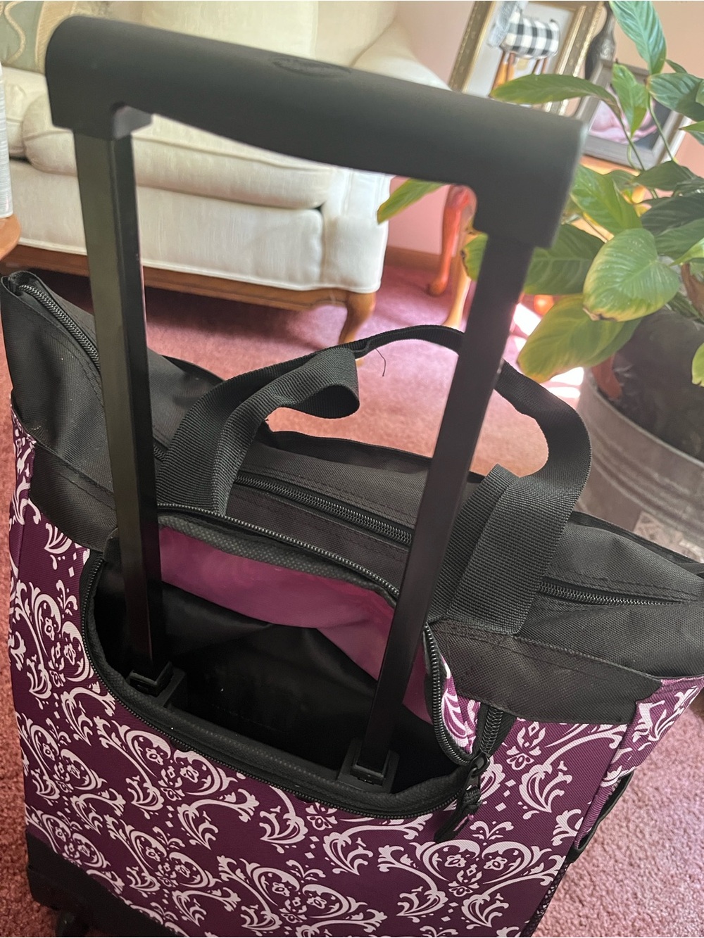 Purple Patterned Rolling Storage Tote with Black Trim